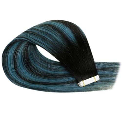 RUNATURE RUNATURE Black Ombre Tape in Hair Extensions Real Human Hair Tape in Extenions Short Natural Black to Blue Tape in Human Hair Extensions Teal Straight Glue in Hair Extensions Human Hair 12 Inch 30g