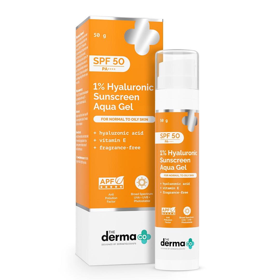 The Derma Co The Derma Co 1% Hyaluronic Sunscreen Aqua Gel with SPF 50 & PA++++ | Broad Spectrum UVA/B & Blue Light Protection | Lightweight & Quick Absorbing with Vitamin E | 1.76 Oz/50g
