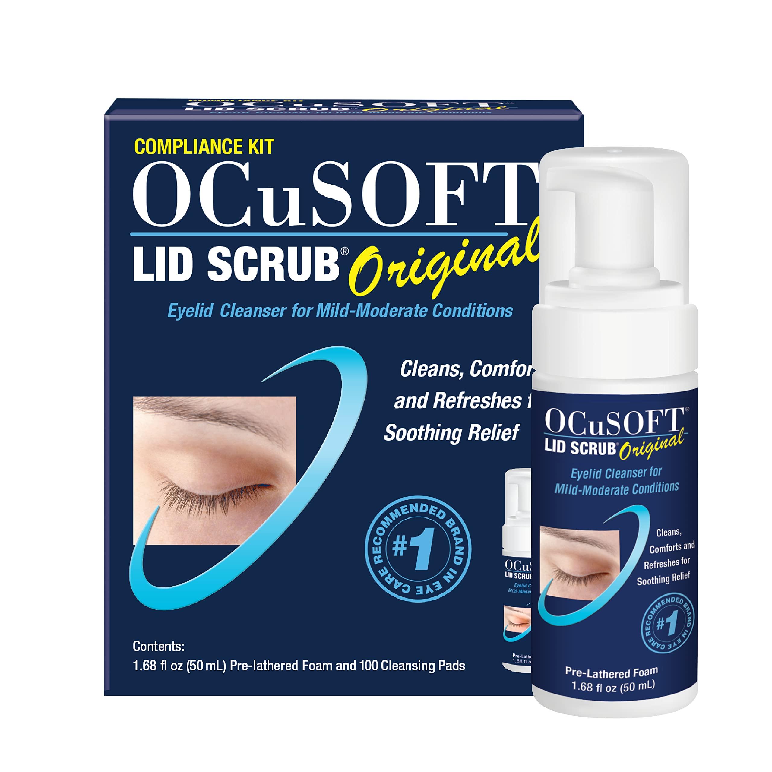 OCuSOFT OCuSOFT Lid Scrub Original Compliance Kit - Instant Foaming Eyelid Scrub & Lint-Free Wipes - Daily Eyelid Kit to Remove Oil, Dust, Pollen & Eye Makeup - 1.68 fl oz & 100 Dry Pads
