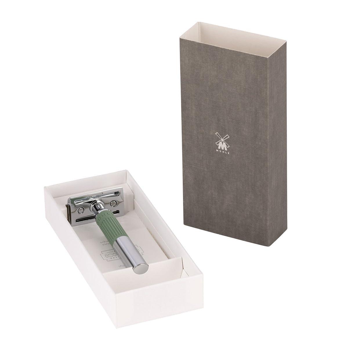 MHLE MHLE NEO safety razor|double edge safety razor for beginners and experienced shavers|sustainable eco-friendly and reusable|for men and women|chrome with sage green silicone grip handle