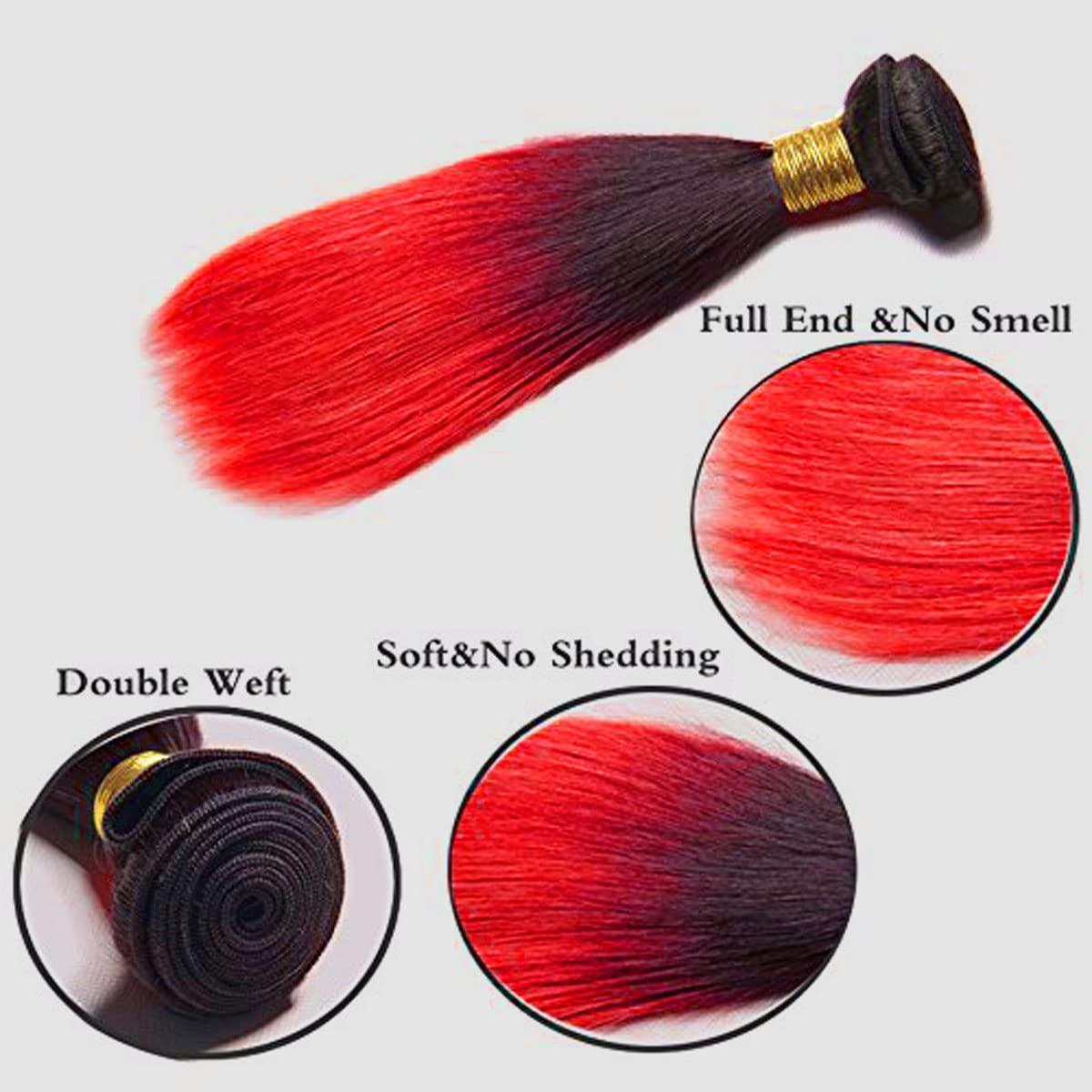 muaowig Red Human Hair Bundles Tow Tone Hair 3 Bundles Straight Ombre Red Bundles For Black Women Unprocessed Virgin Hair Weave 12 14 16 inch