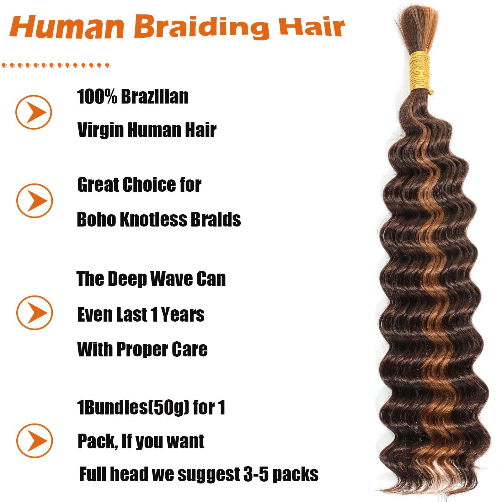 OKAABAY Human Braiding Hair For Boho Braids 22 Inch 1 Bundles Deep Wave Bulk Human Hair for Braiding Highlight Ombre Curly Human Braiding Hair Extensions No Weft 100% Brazilian Virgin Human Hair (50g, 4/30)
