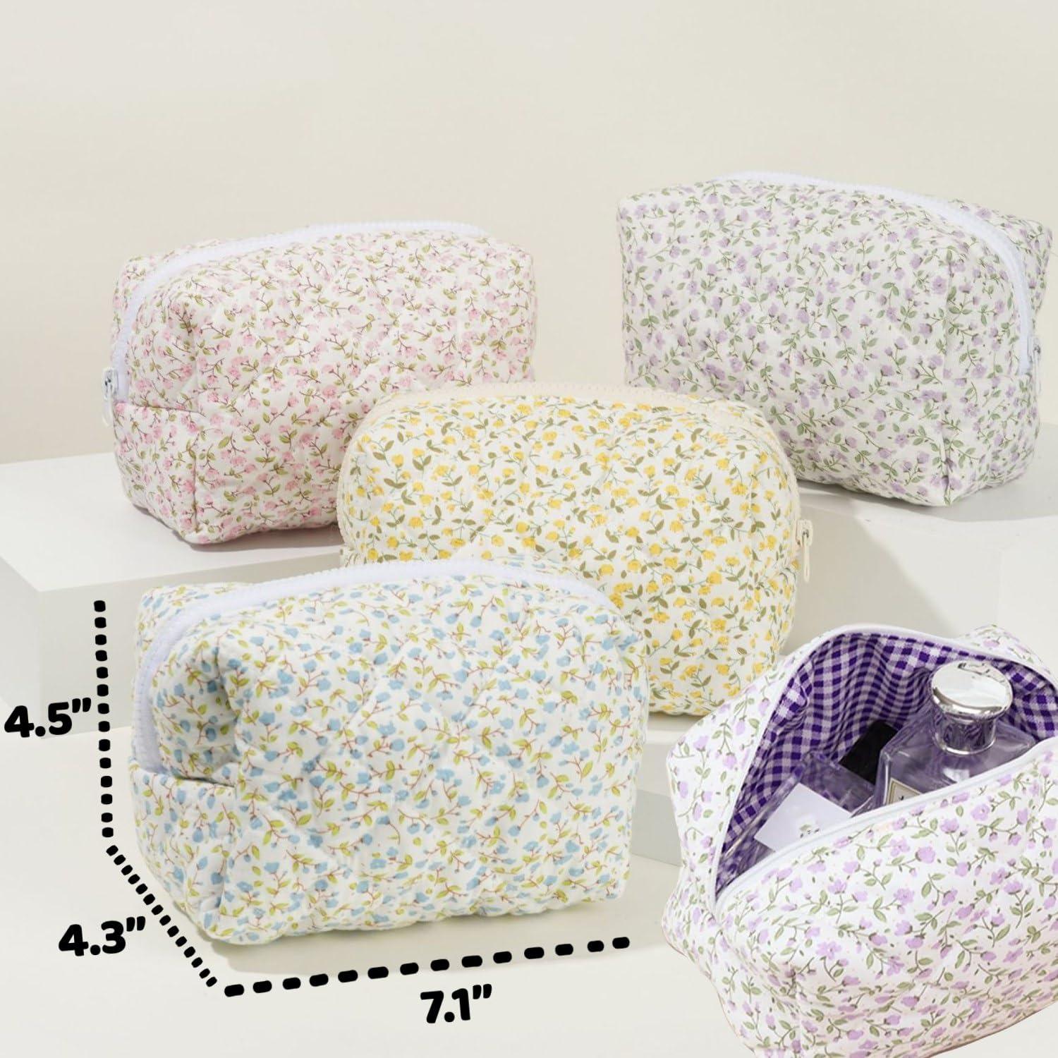 SoGhhd SoGhhd Small Quilted Cotton Makeup bag, Cute Floral Cosmetic bag, Cotton Aesthetic Makeup Pouch, Large Capacity Travel Toiletry Bag for Women and Girls (Pink)