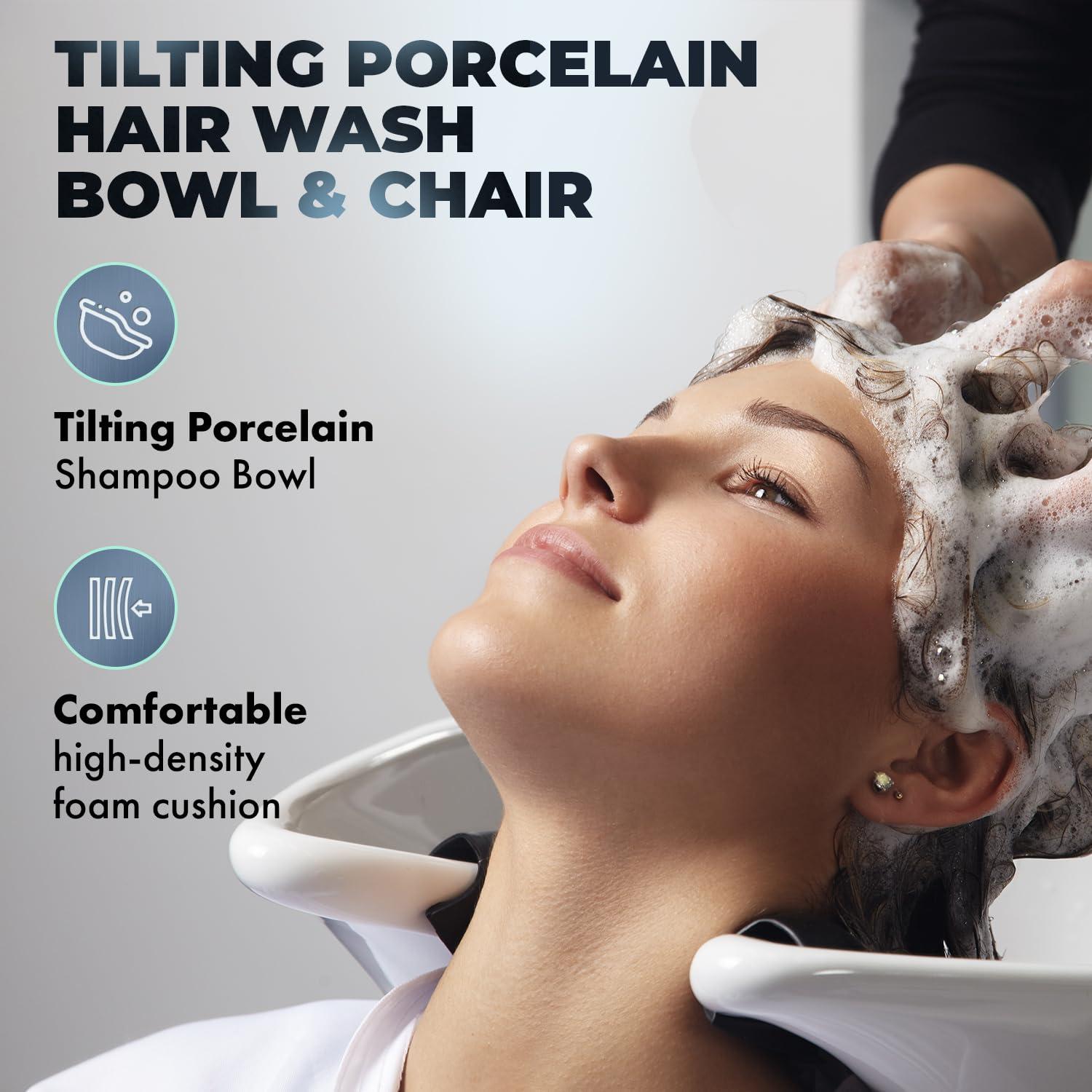 Buy-Rite Salon & Spa Equipment Buy-Rite Lexus Backwash Unit - Salon Shampoo Chair & Tilting Porcelain Shampoo Bowl, European Style Single Handle Faucet, Extra Wide Seat and Kick-Out Leg Rest, TS-8018B (White Zebra)