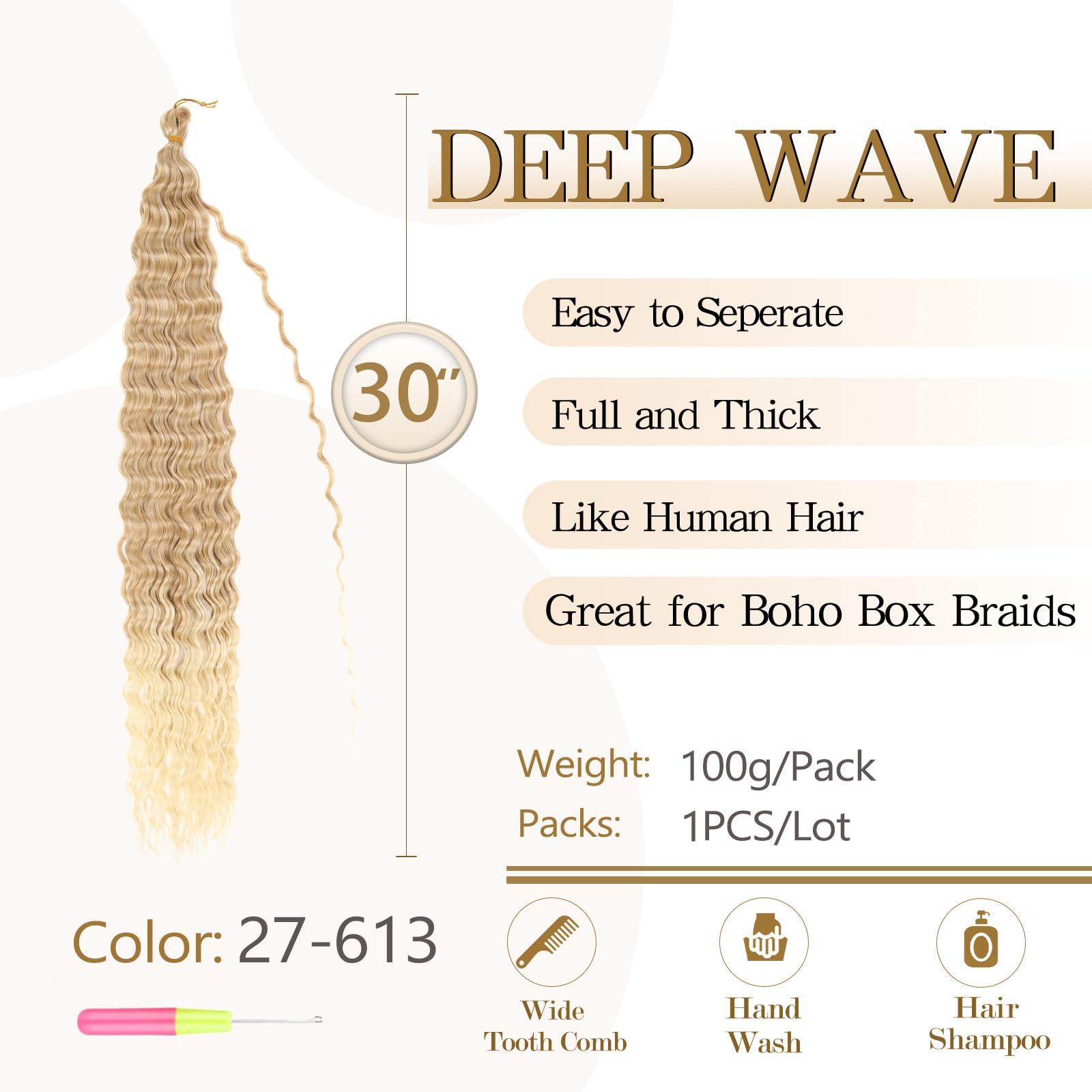 Love ORNAN Ocean Wave Crochet Hair 30 inch 1 Pack Long Ombre Blonde Deep Wave Curly Braiding Hair Soft Synthetic Curly Crochet Hair For Black Women(30 Inch, 27/613