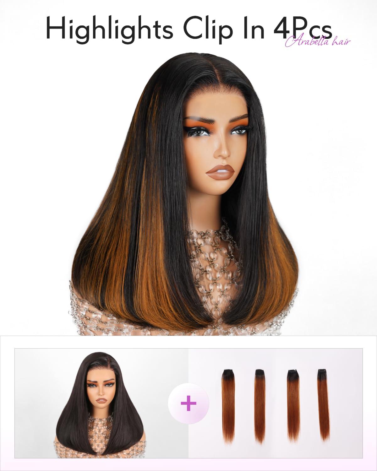 Arabella Arabella Hair 5x6 Glueless Wigs Human Hair and 4 Pcs 1B/30 Clip in Hair Extensions Pre Plucked Pre Cut 280% Density Glueless Wigs Human Hair Pre Plucked Bleached Knots Straight Wig Human Hair 18inch