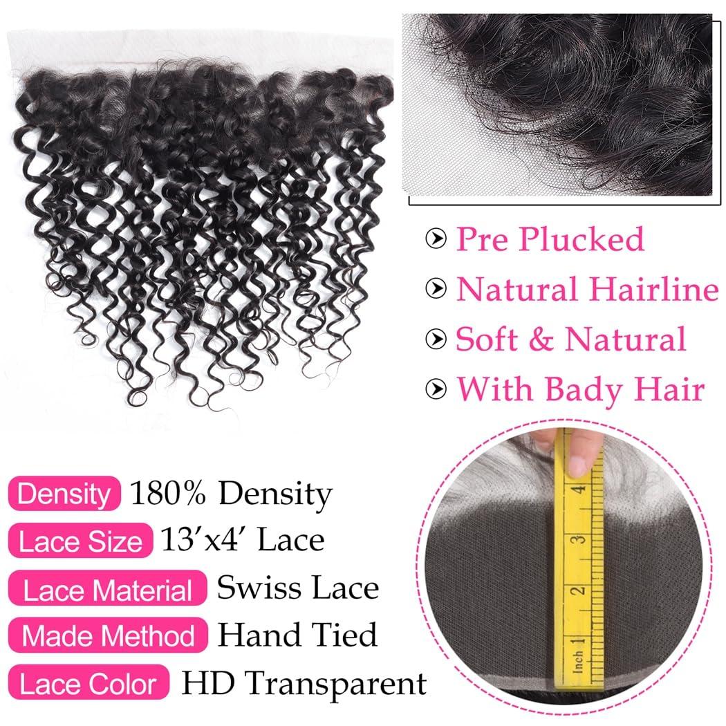 Odir Odir Deep Wave Hair Bundles with 13x4 Frontal Brazilian Human Hair Deep Curly Hair 3 Bundles with Lace Frontal 14 16 18+12 Inch 9A Unprocessed Virgin Hair Natural Color