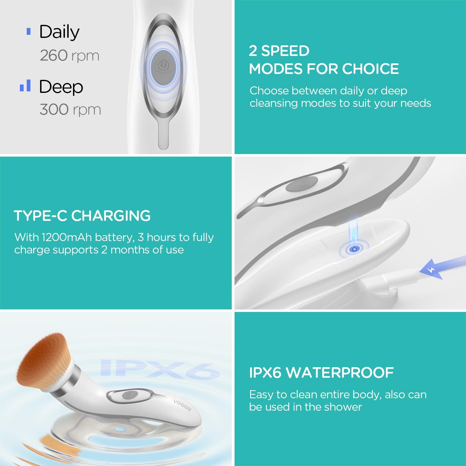 VOGOE VOGOE Facial Cleansing Brush-Spin Face Scrubber Exfoliator Rechargeable, 2-Speed Rotation, Electric Face Wash Brushes for Cleansing and Exfoliating, with 2 Brush Heads, Grey