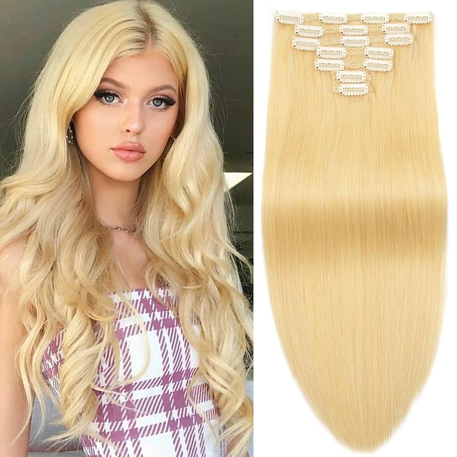 Houlud Blonde Clip in Hair Extensions Real Human Hair Straight 24 Inch 7pcs 120g Clip ins Hair Extensions Brazilian Remy Human Hair 16 Clips Double Weft Human Hair For Women