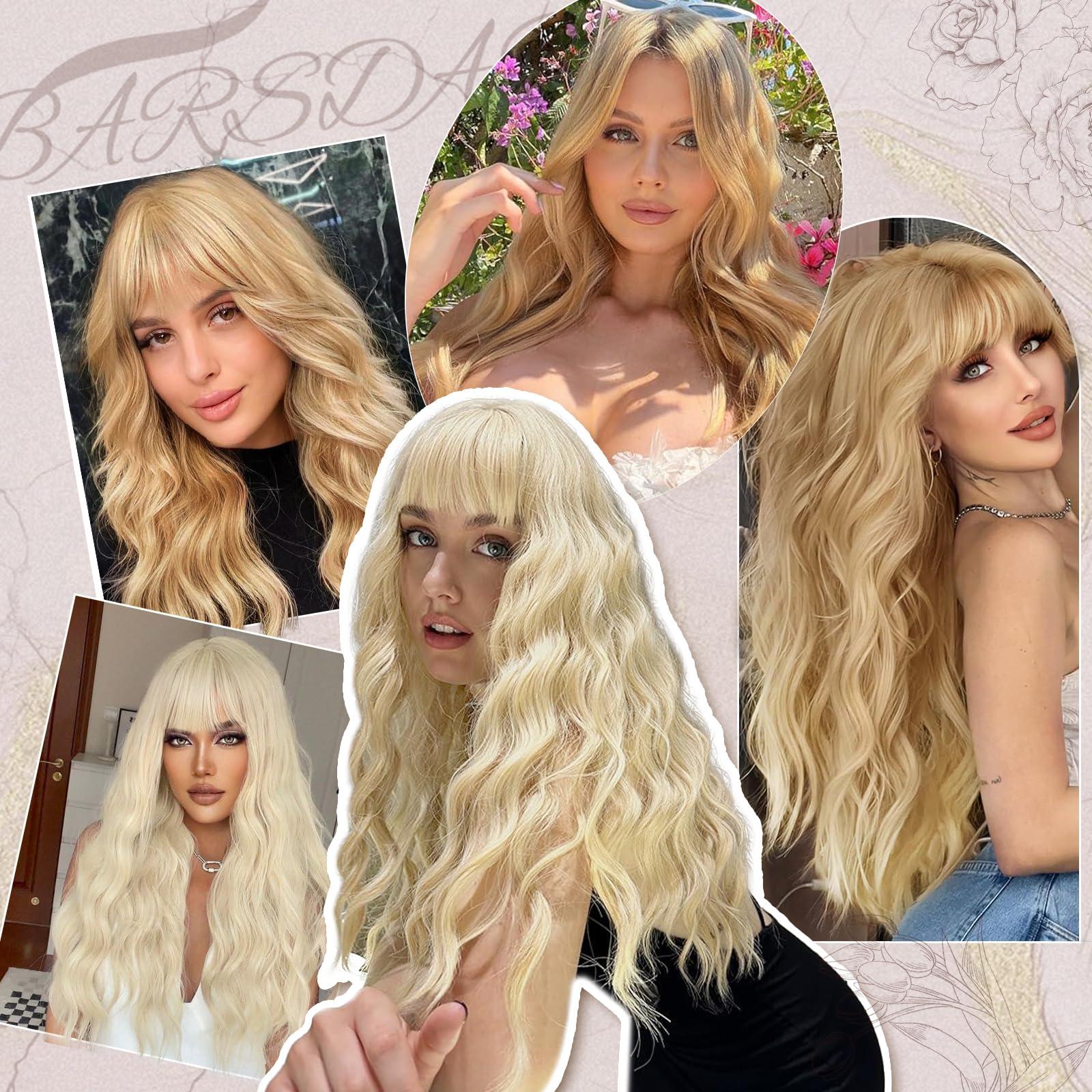 BARSDAR BARSDAR Long Platinum Blonde Wigs With Bangs - 26 Inch Long Wavy Wig With Bangs for Women - Natural Looking Synthetic Hair Daenerys Wigs Daily Cosplay Halloween Wigs - Platinum Blonde