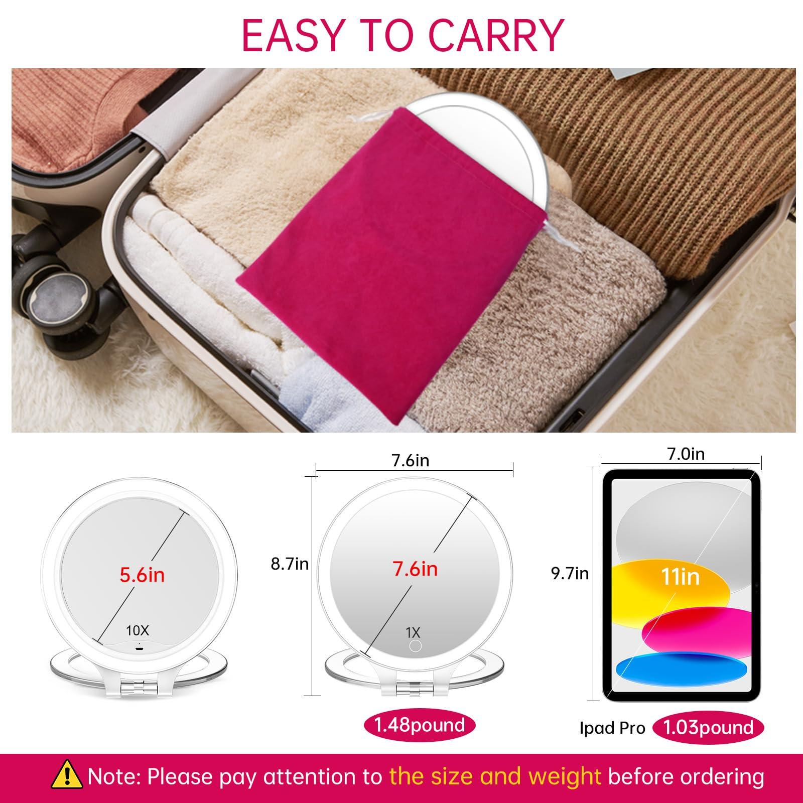 Famihomii Magnifying Travel Magnifying Mirror with Light, Makeup Mirror with 3 Color Lights and Magnification, Lighted Rechargeable Portable Cosmetic Foldable Mirror, Dimmable Adjustable Rotation with Bag