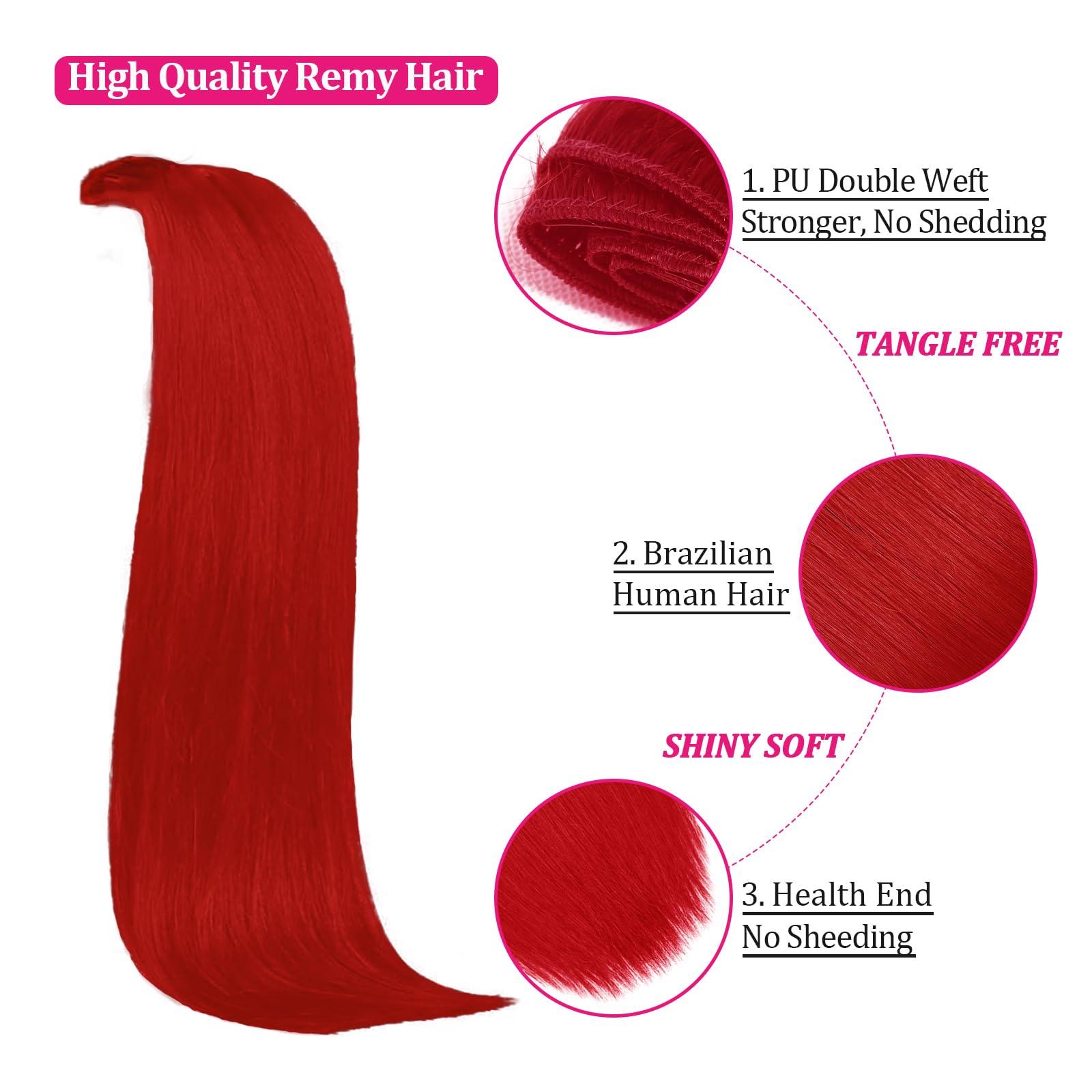 FZV Clip in Hair Extensions Red Hair Extensions Real Human Hair Clip ins 120g 8pcs Silky Straight Natural Hair Extensions Remy Human Hair for party, No shedding No Tangling (20inch)