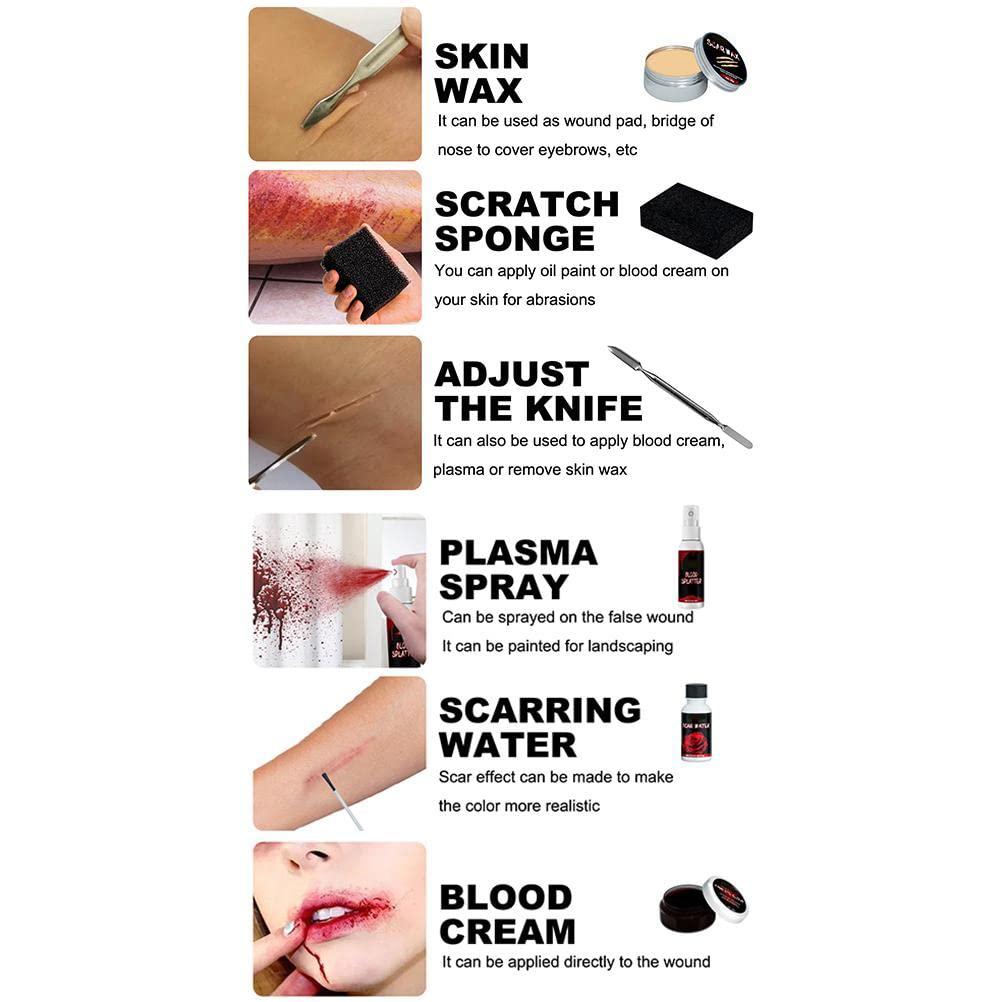 ICRPSTU Halloween Special Effects SFX Makeup Kit for Zombie Vampire Skin Wax Fake Blood Gel Scar Water Fake Blood Spray Sponge Silver Scraper for Halloween Cosplay (Set 1: Halloween