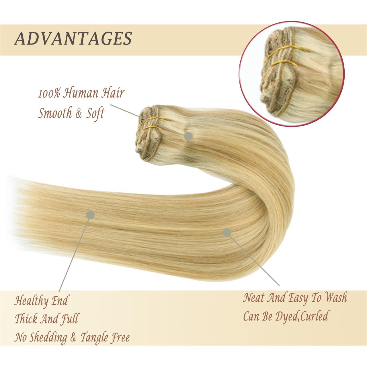 ZLCHE Clip in Hair Extensions Real Human Hair, 12\" 90g Straight Hair Extension Clip ins with Lace Weft, 8 Pcs Weft with 20 Pcs Clips (#18/613 Dark Blonde Highlighted Bleach Blonde, 12 Inch)