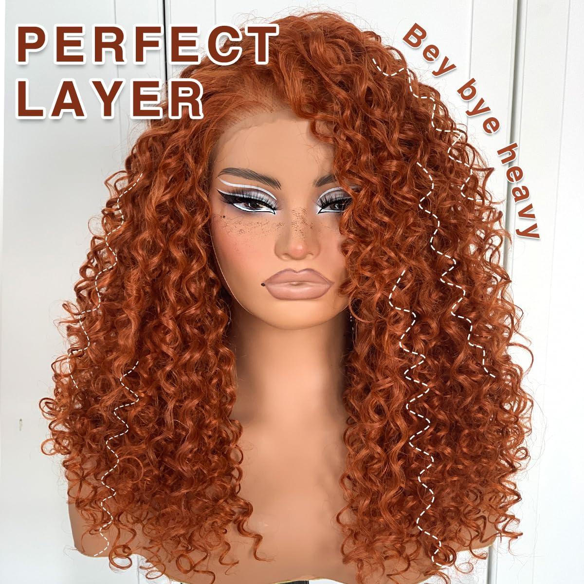MITIMES MITIMES Glueless Ginger Curly Wig Pre-Plucked Wear And Go Synthetic HD Lace Front Wig 13x6 Layered Afro Curly Wig For Beginners 18 Inch