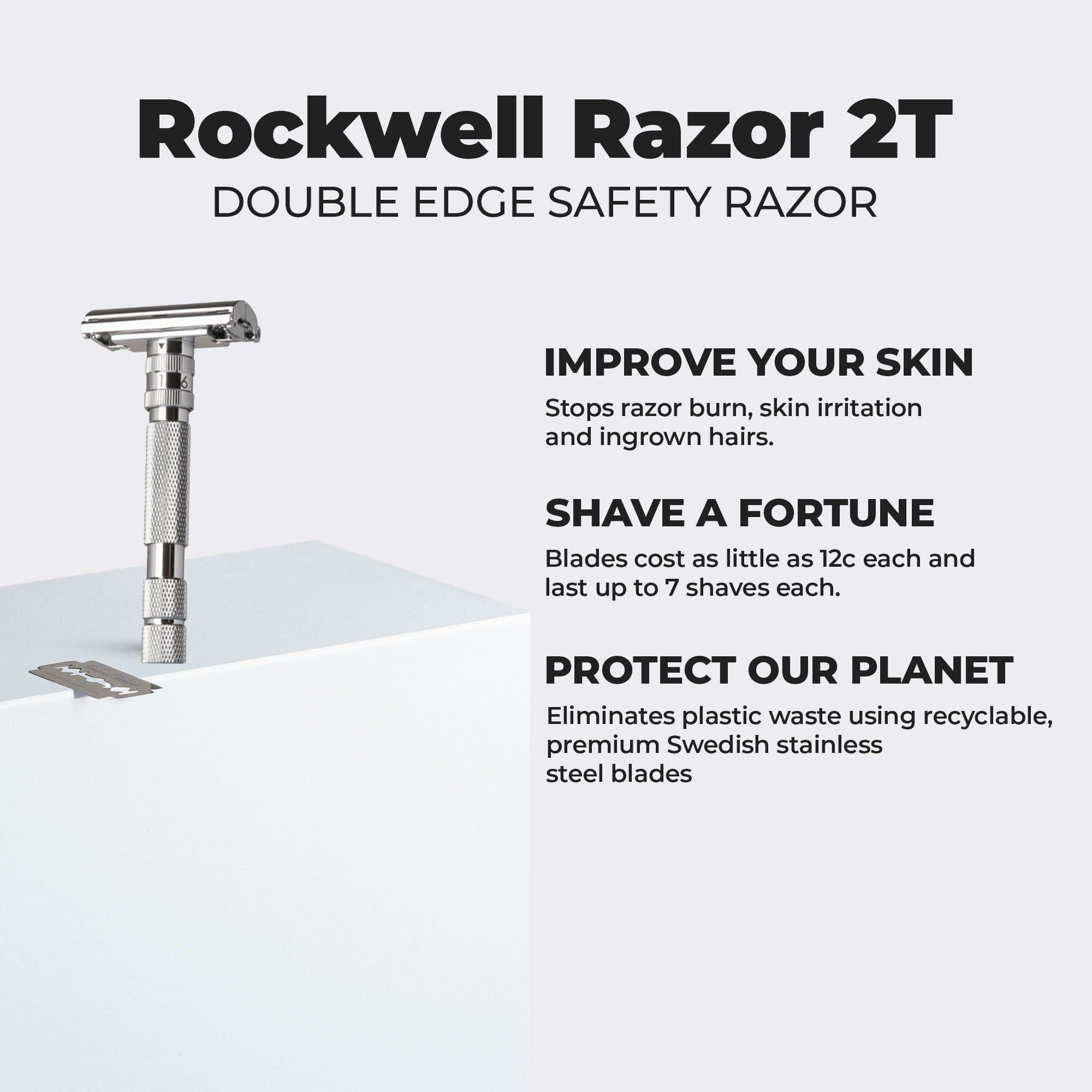 ROCKWELL RAZORS Rockwell Razors T2 | Twist-To-Open (TTO) Double-Edge Safety Razor | Full Metal | Includes 5 Fully Recyclable Stainless Steel Blades (White Chrome)