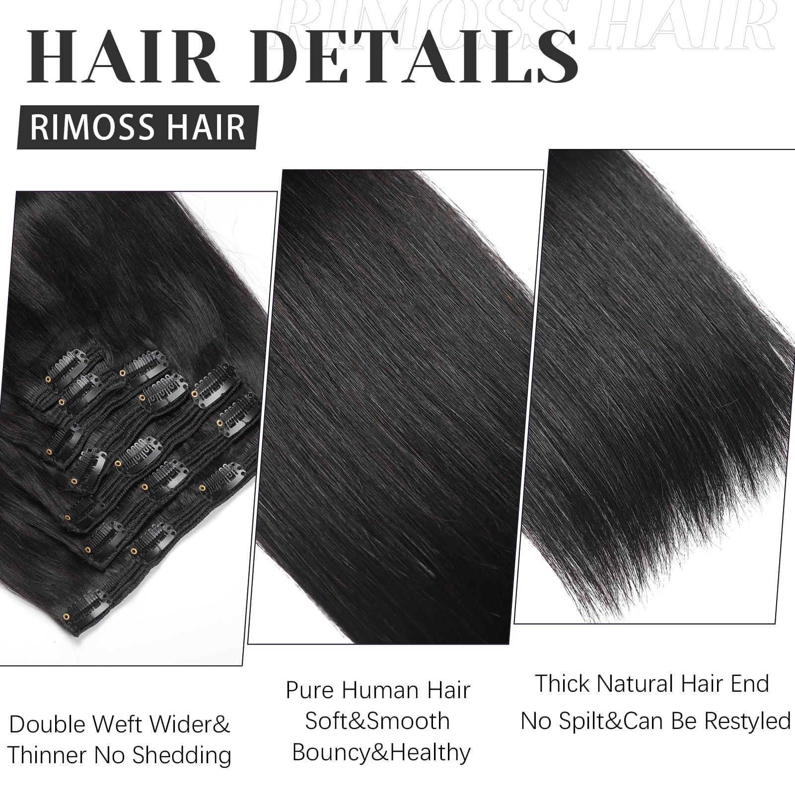 Rimoss Clip in Hair Extensions Real Human Hair 150g Soft Jet Black Straight Hair Extensions Real Human Hair Clip ins, Rimoss Premium 7pcs Remy Human Hair Clip in Extensions for Women (#1 18 Inch)