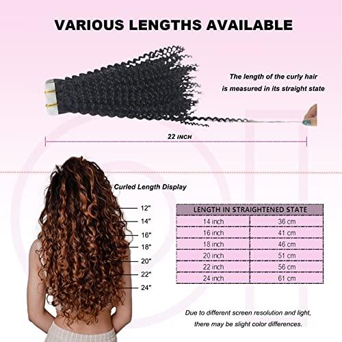 OiMiGO Natural Black Curly Hair Extensions, 40 Pieces 100g OiMiGO Brazilian Human Hair Kinky Curly Tape in Extensions 3C 4A Tape ins Extension for Black Women 22 Inch Soft Curly Tape Extensions Real Hair