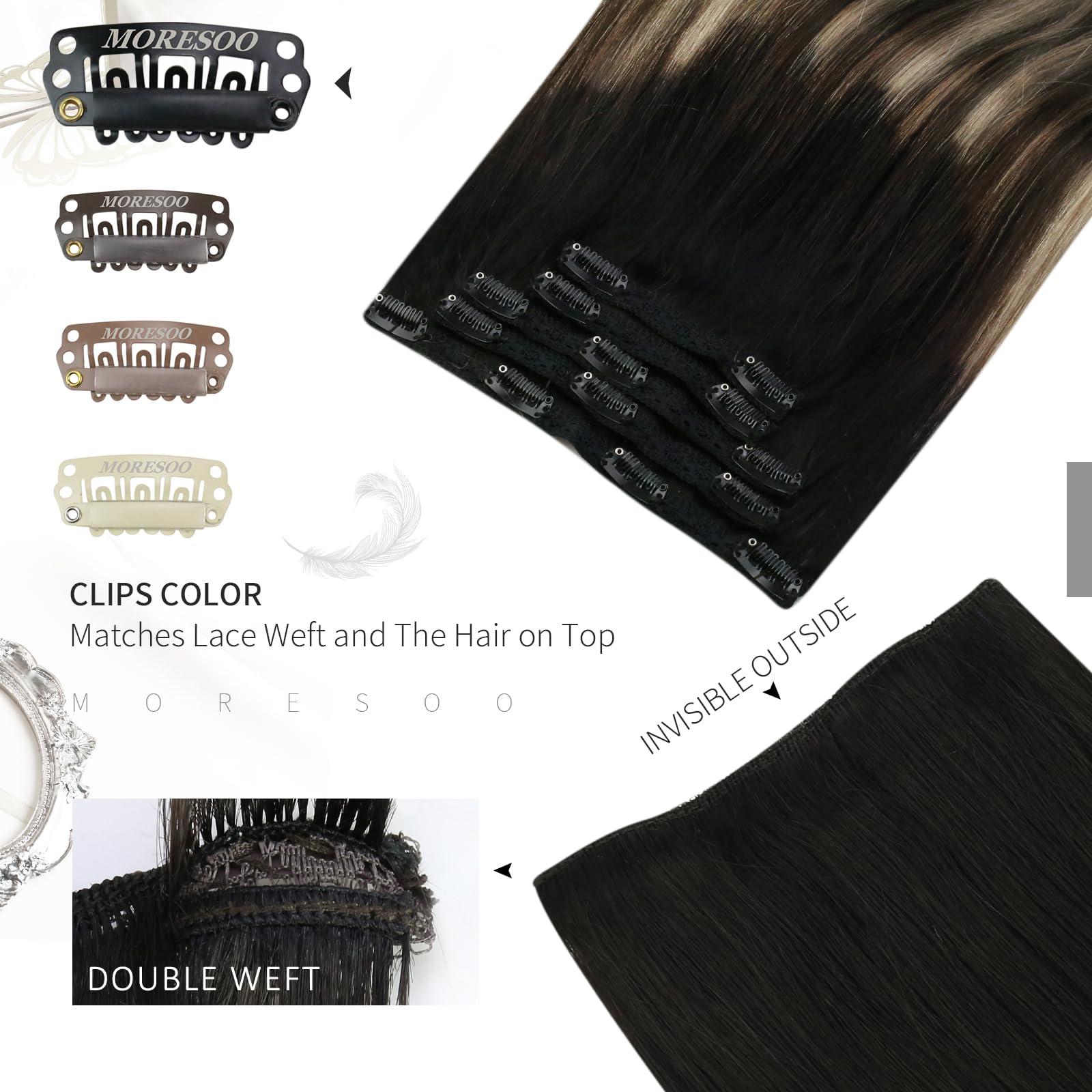 Moresoo Moresoo Clip in Hair Extensions Balayage Black to Dark Brown with Caramel Blonde 5 Pieces 70G 14inch and Sew in Hair Extensions Real Human Hair 100G 16Inch Bundle