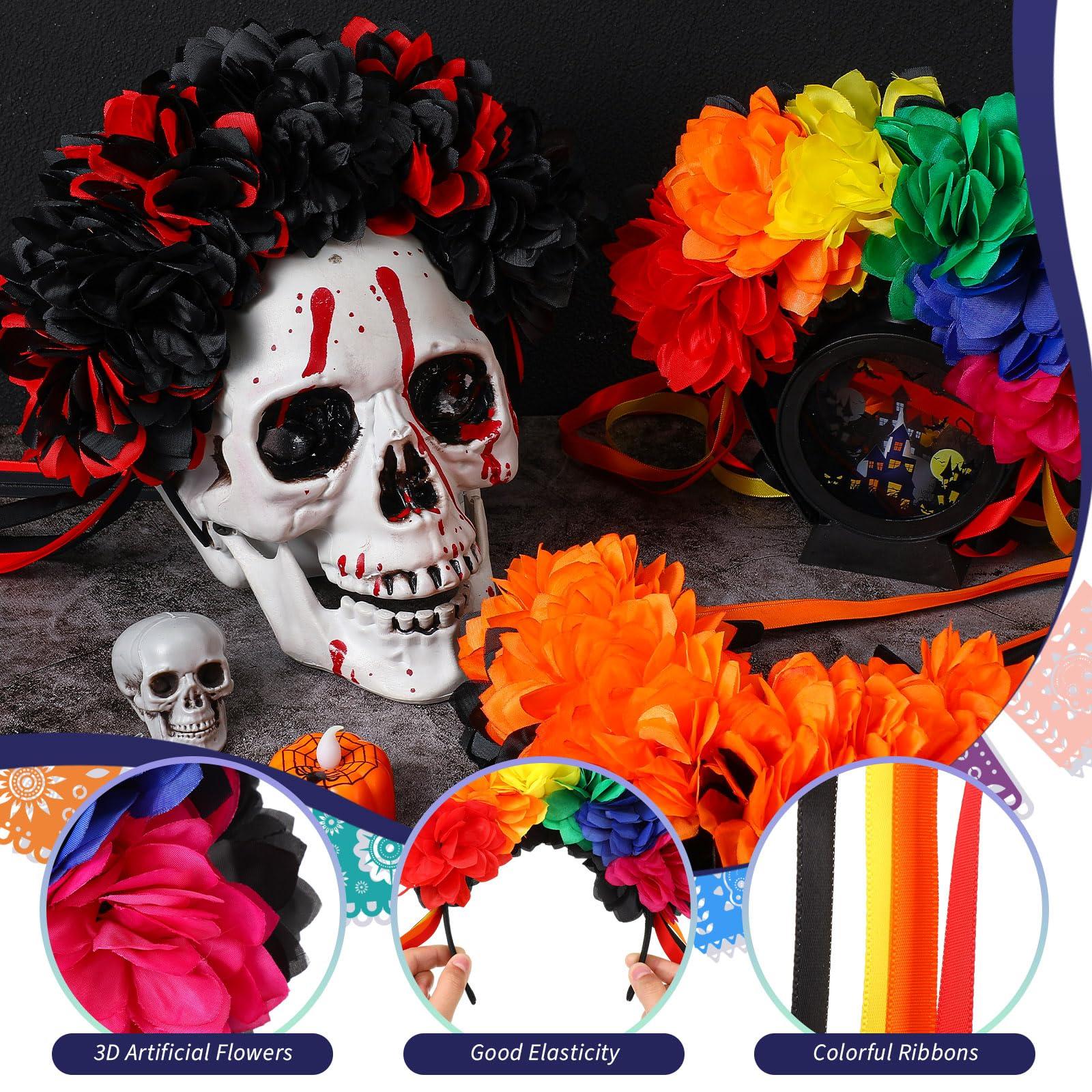 Riceshoot Riceshoot 3 Pcs Halloween Flower Headband Day of the Dead Floral Headband Mexican Flower Crown Headband Halloween Festival Wedding Headband for Women Halloween Masquerade Bridal Party Dress up