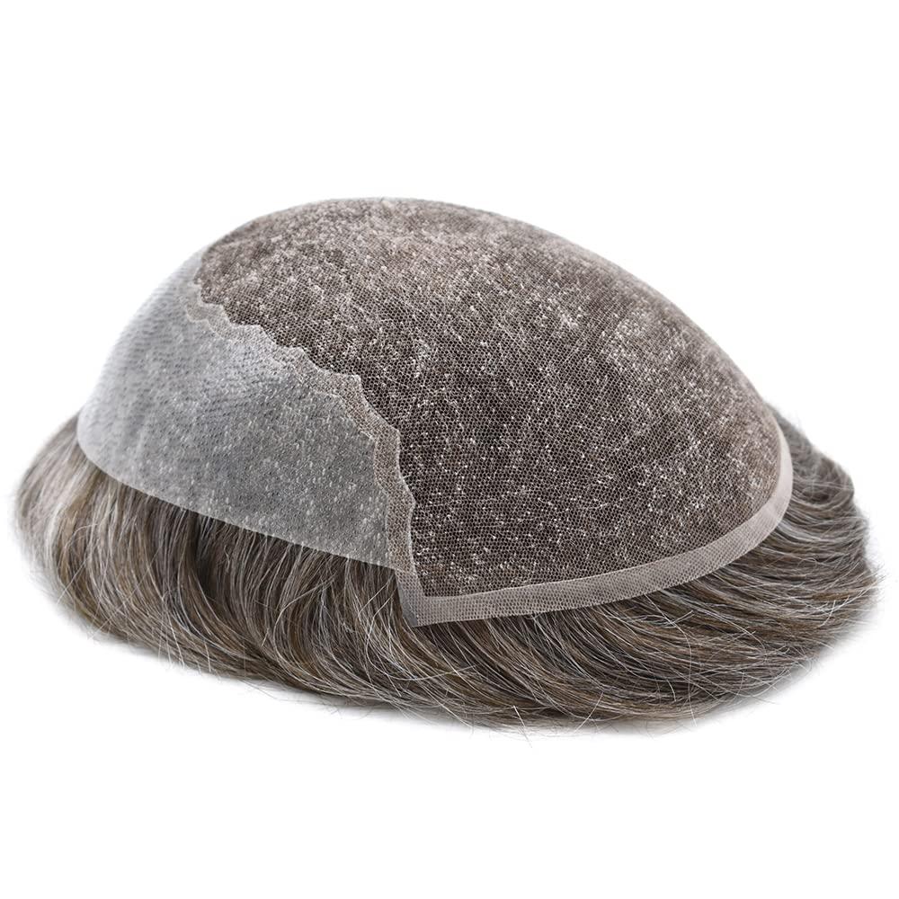 LHC NY Men Hair System Toupee for Men Hairpiece Mens Toupee French Lace Front Human Hair Replacement Hair Prosthesis 8X10\"-120% density#550 Medium Light Brown with 50% Gray