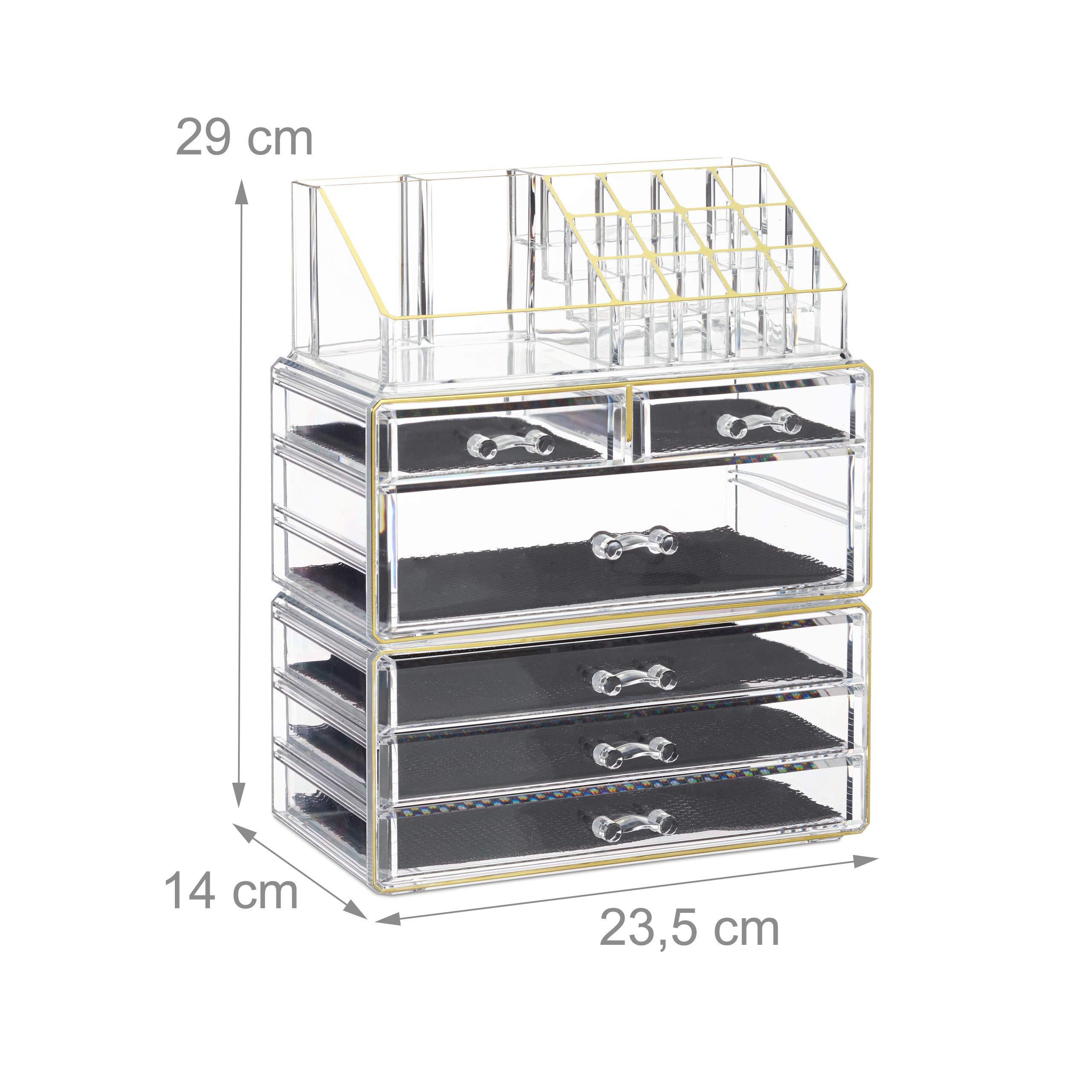 Relaxdays Relaxdays Organiser with 6 Drawers, 22 Compartments for Makeup Storage, Acrylic Cosmetic Tower, Transparent/Golden