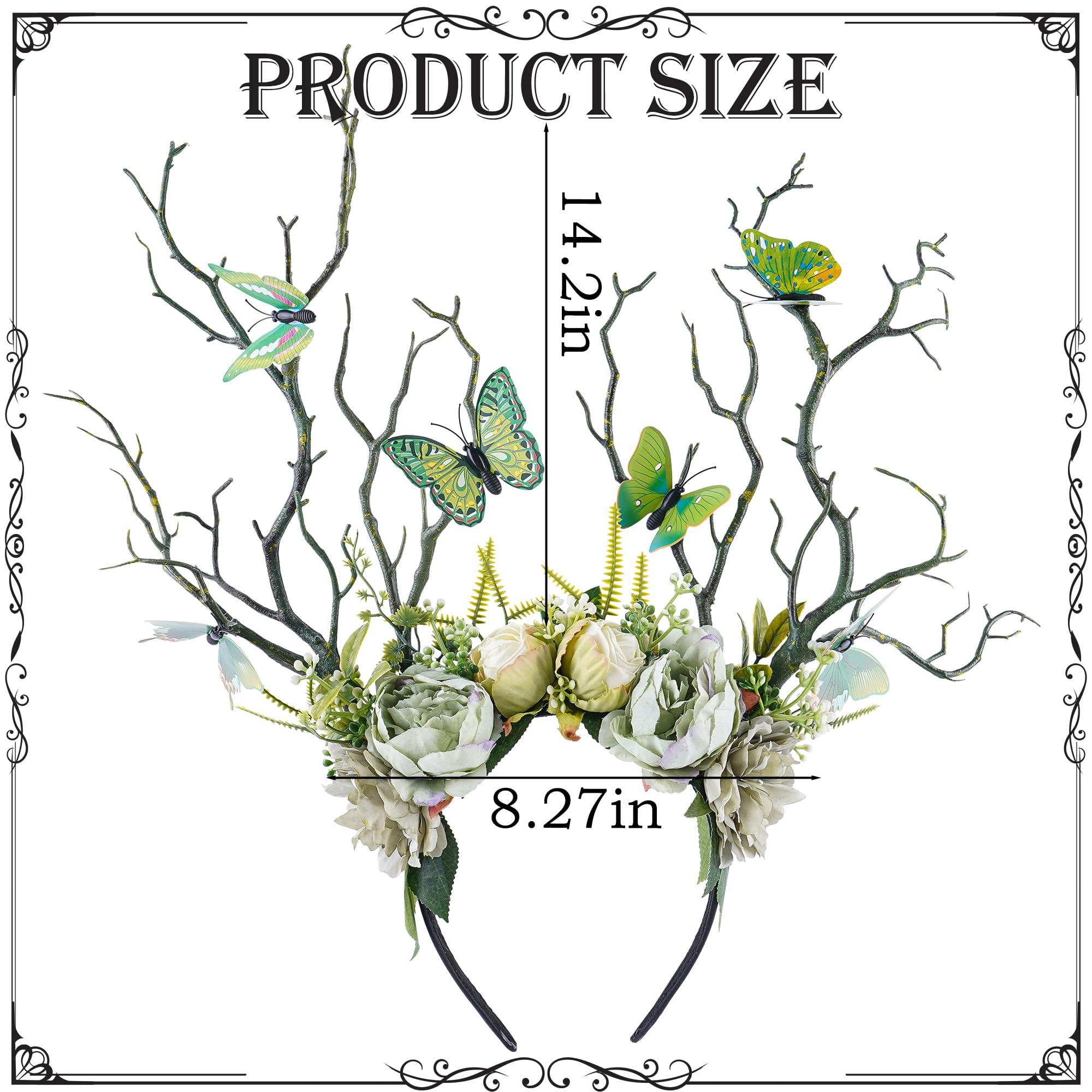 MOSTORY MOSTORY Green Flower Branch Headband - Handmade Tree Hairband with Butterfly Woodland Headband Floral Forest Crown for Women Renassance Renfaire Woodland Costume Cosplay Photoshoot