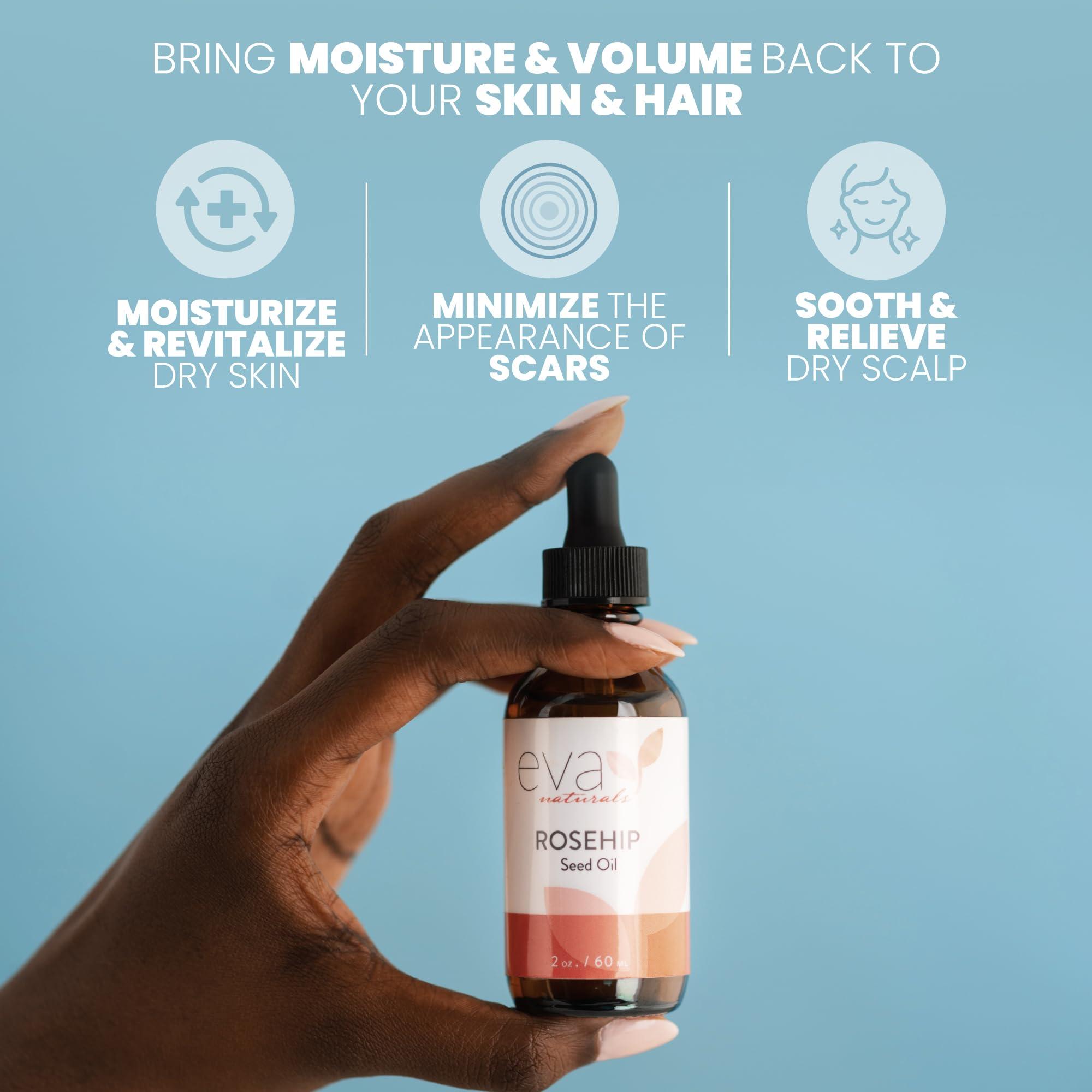 Eva Naturals Pure Rosehip Seed Oil (2 Fl Oz)- Rosehip Oil for Face Aids Stretch Mark and Scar Removal - Facial Oil Reduces Inflammation, Collagen for Radiant Skin - Face Oil - Best Rose Hip Oil for Face