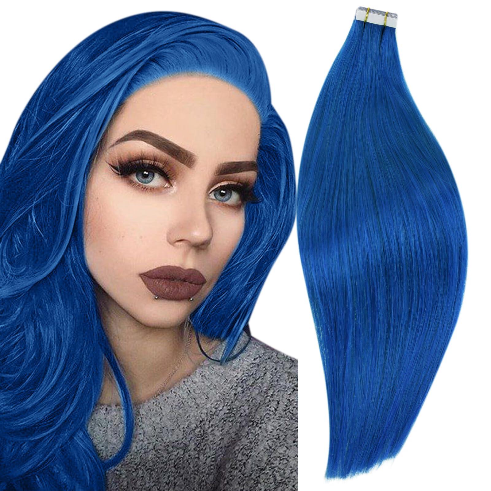 RUNATURE RUNATURE Bundles 18 Inch Purple Hair Extensions Real Human Hair Clip ins 25g 5pcs and Blue Tape in Hair Extensions 25g 10pcs
