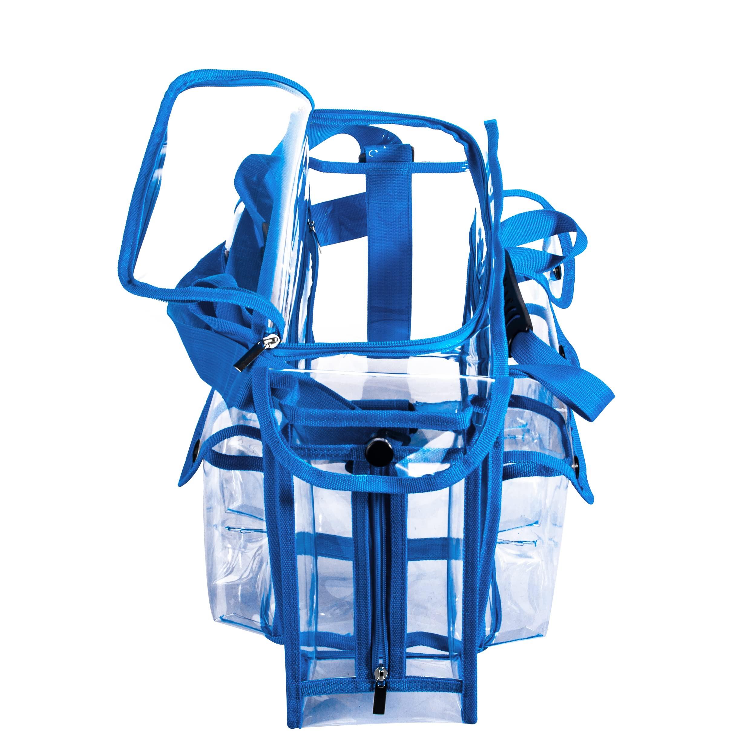 Tense Edano Wide Opening Large Professional Clear PVC Travel Makeup Artist Set Bag Cosmetic Nails Beauty Bag Transparent Vinyl Tool Organizer Work Bag Beach Bag Diaper Bag with 6 External Pockets & Strap (Blue)