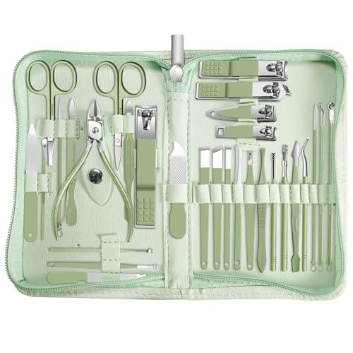 Andrea Manicure kit Personal Care Mens Grooming Kit, 30 in 1 Professional Nails Kit Pedicure Kit, Nail Clippers for Men and Nail Tools Portable Set, with Luxurious Travel Case (Green)
