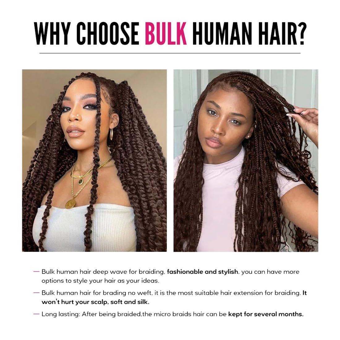 Beaushine Beaushine Human Braiding Hair for Boho Braids, Color 4 Deep Wave Bulk Human Hair for Braiding,22 inch,100g, 12A Grade Chocolate Brown Deep Curly Boho Braids Human Hair