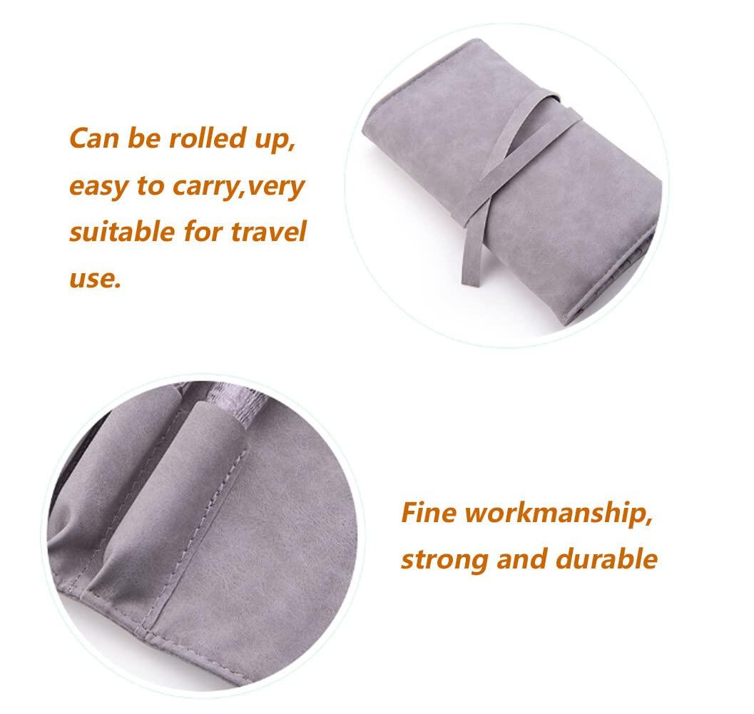 VASANA Gray Soft Makeup Brush Rolling Case Mini Cosmetic Brush Organizer Portable Roll Up Brush Holder Pouch Bag for Travel Business Trip 14 Pockets