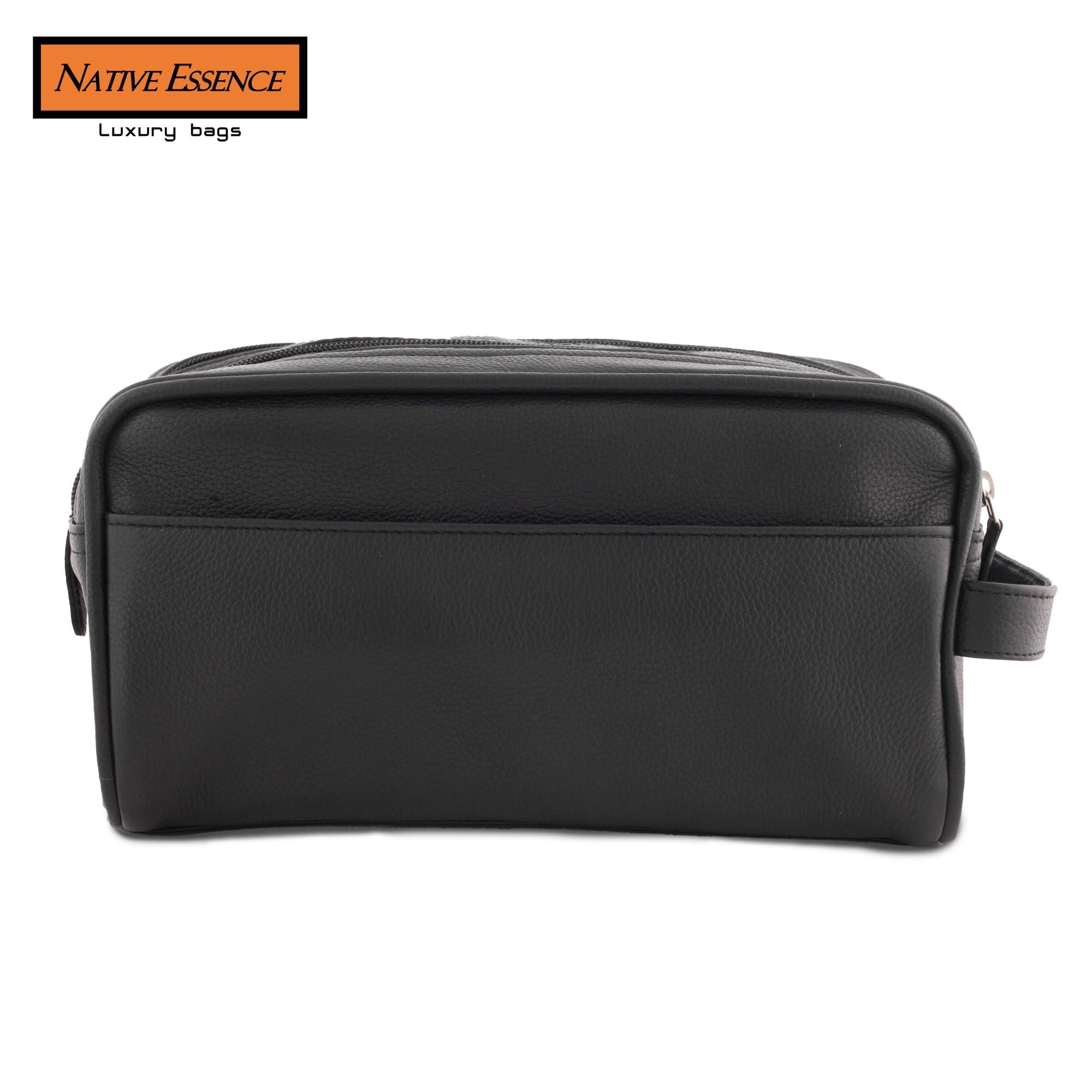 NATIVE ESSENCE Leather Toiletry Bag, Black Genuine Calf Leather Travel Bag, Handmade DOPP Kit for Travel, Cosmetic Pouch, Luxury Shaving Bag, Bathroom Organizer, Stylish Grooming Kit for Men and Women Gift Packed