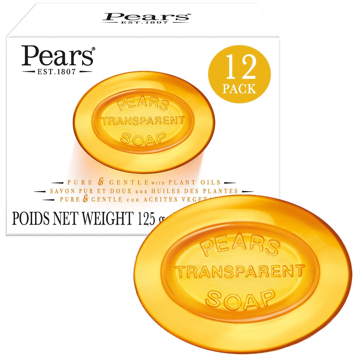PEARS PEARS Soap, Face & Body Soap, Amber Pure & Gentle Transparent Bar Soap, Moisturizing Glycerin Soap with Natural Oils for Pampered, Glowing Skin, 4.4 Oz (Pack of 12)