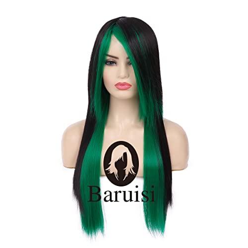 Baruisi Baruisi Long Straight Black Green Wig Silky Synthetic Heat Resistant Side Bangs Halloween Costume Hair Wigs for Women Girls