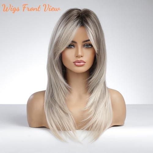 Honygebia Honygebia Brown Blonde Wig with Bangs - Long Wavy Ombre Curtain Bang Wigs for Women, Brown to Blonde Light Ash Dark Roots Synthetic Hair, Heat Resistant Natural Cute Wigs for Halloween/Christmas