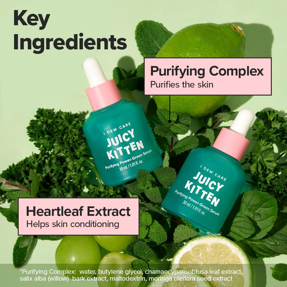 I DEW CARE I DEW CARE Korean Heartleaf Serum for blemish prone skin- Juicy Kitten | Green Juice for Face, Glass Skin with Niacinamide, Kale, Moringa Seed, Willow Bark Extract, Easter Basket Stuffers, 1.01 FL Oz