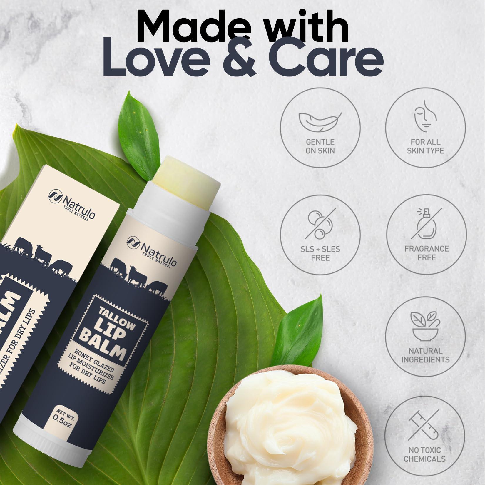 Natrulo Beef Tallow Lip Balm Natural Tallow Beeswax Chapstick Hydrating Moisturizer Grass Fed Bison Tallow Balm Lip Care Soothes Chapped, Dry Lips, Sensitive Skin Long Lasting & Vitamin Rich USA-Made