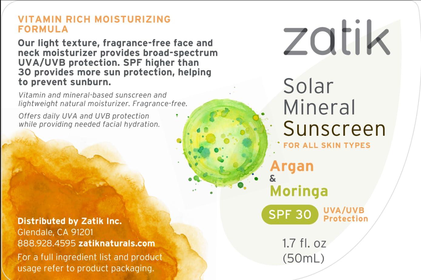 Zatik Zatik Naturals - Solar Mineral Sunscreen with Argan and Moringa, Vitamin and Mineral-Based Solar Protection, Vegan, Non-GMO, pH Balanced, FREE from Gluten, Soy, Alcohol. 1.7 fl oz, 50 ml