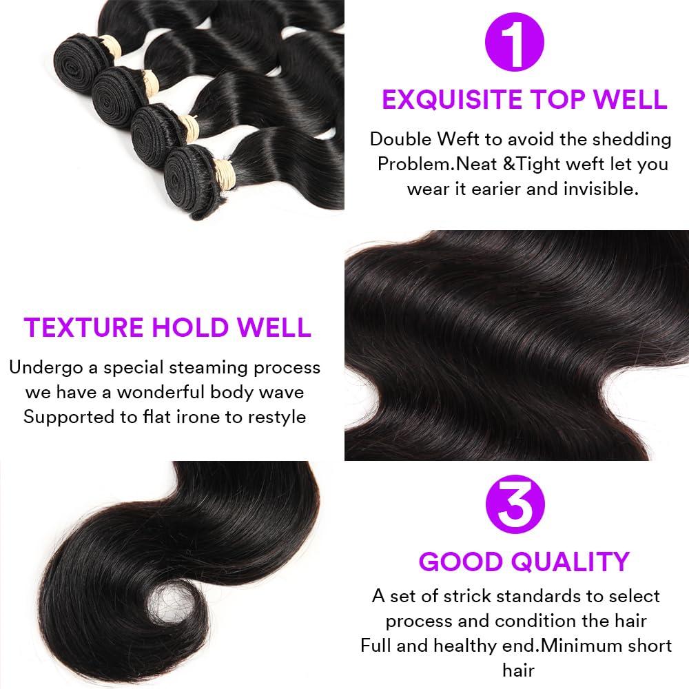 Yifute Human Hair Bundles Body Wave 4 Bundles (22 20 18 16 inches) 100% Brazilian Unprocessed Body Wavy Bundles Human Hair 10A Natural Black Weave Hair Extensions for Women