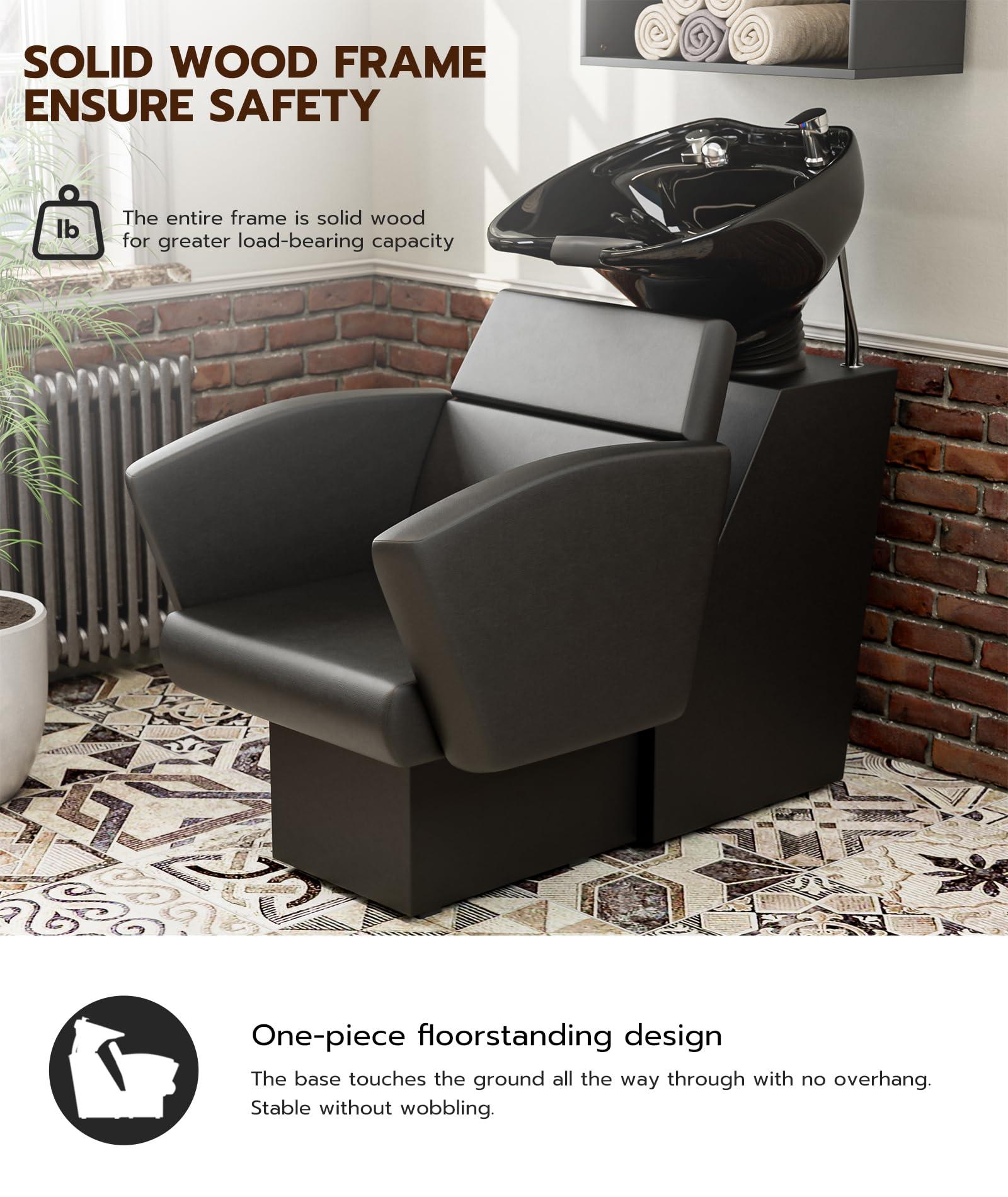 Icoget Icoget Shampoo Bowl and Chair Set for Salon, Deep Porcelain Tilting Salon Sinks for Hair Stylist, Backwash Shampoo Stations for Barber,Home, Black