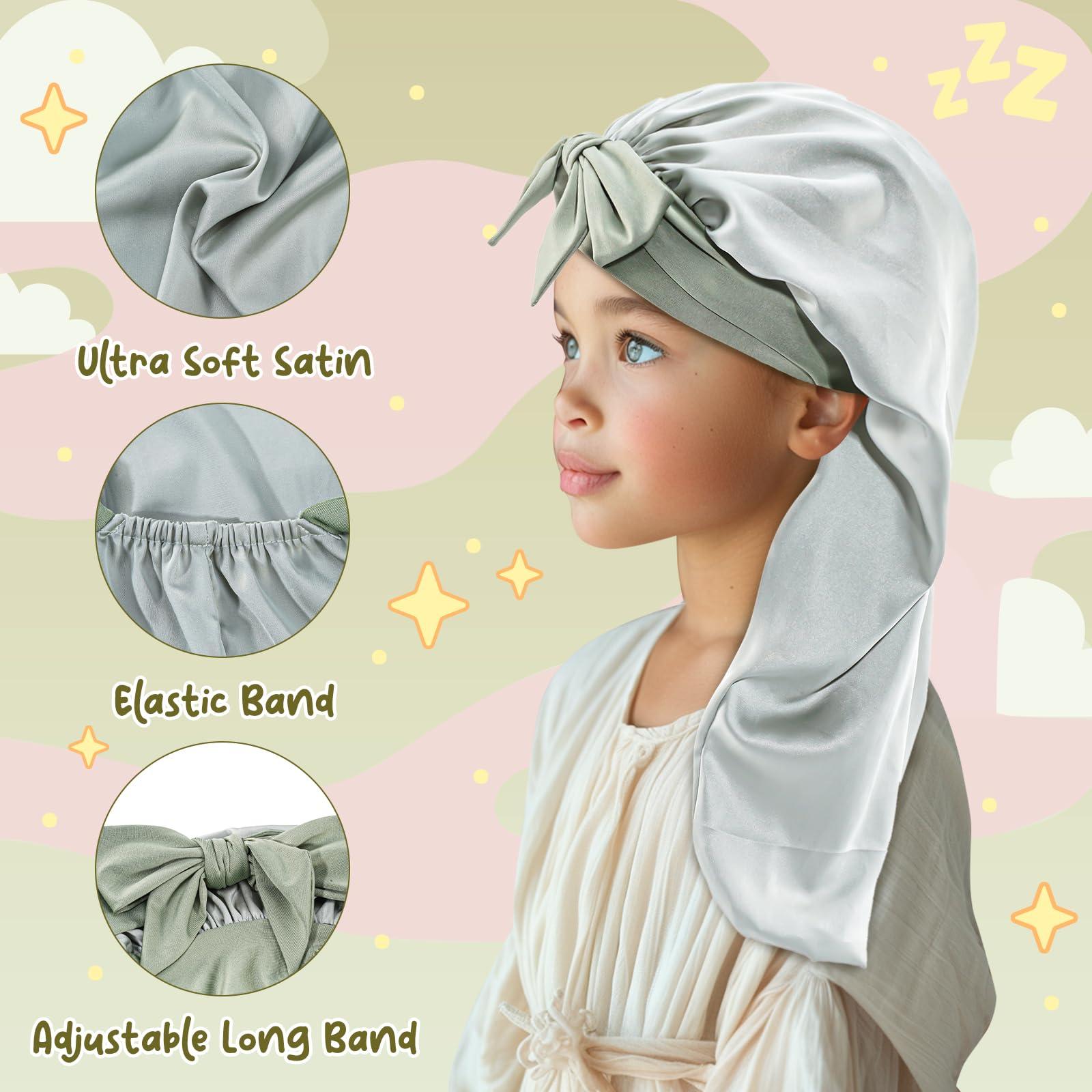 Lolalet Lolalet Kids Bonnets for Girls, Long Silk Bonnet for Sleeping Kids Satin Bonnet Cap with Tie Band for Dreadlocks Braid Afro Curly Hair -2 PCS, Green & Pink