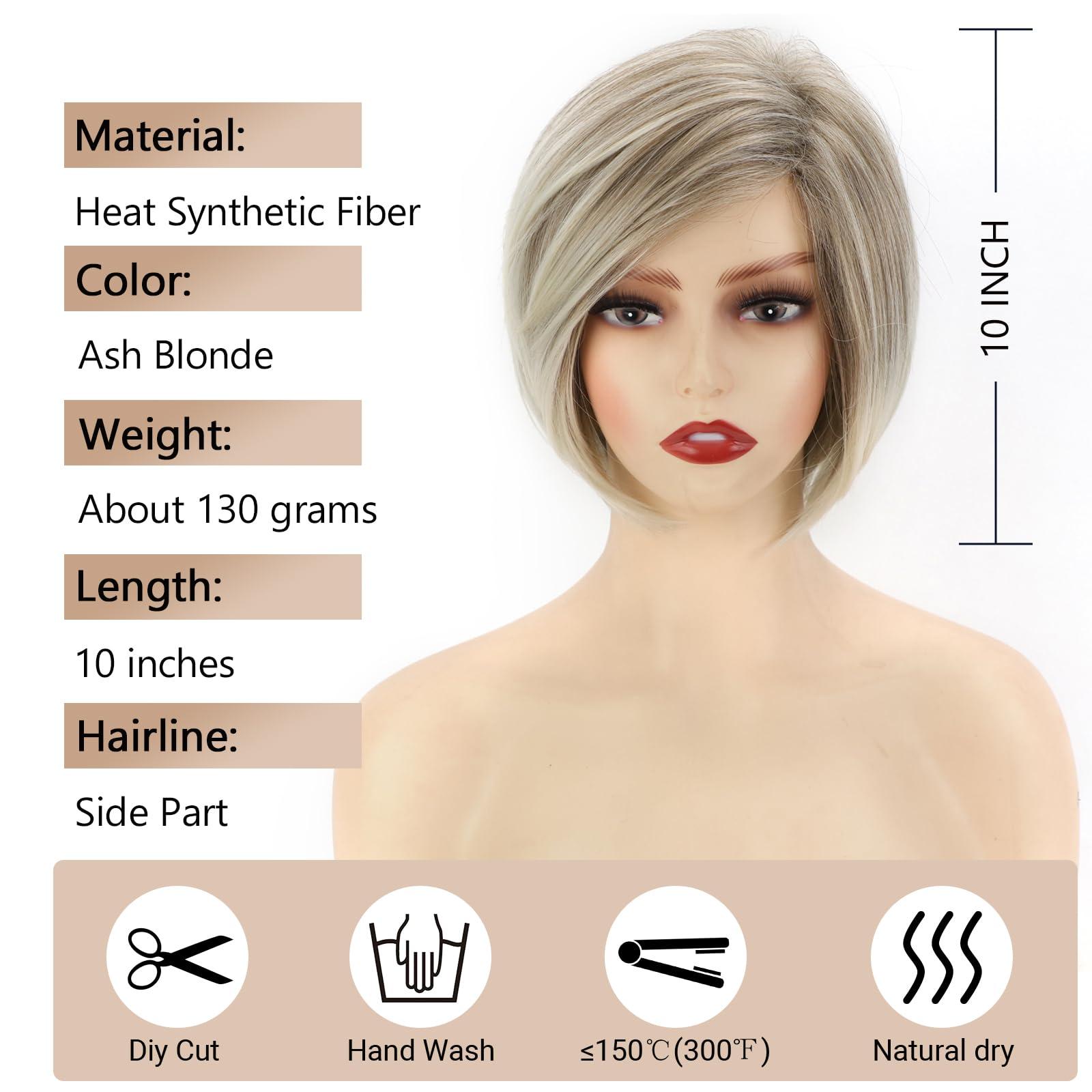 TISHINING TISHINING Layered Short Blonde Bob Wigs for White Women Chin Length Ash Blonde Side Part Pixie Bob Wig Straight Hair Synthetic Natural Looking Daily Party Wig Inverted Bob Wig