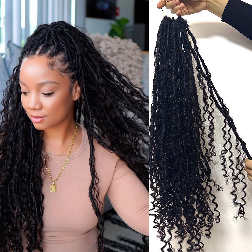 YOUNG BEAUTY Crochet Locs Hair Extensions with Human Hair Curls Pre Looped Dreadlocks Crochet Locs Hair with Curly Ends 26inch 100 Locs Natural Black