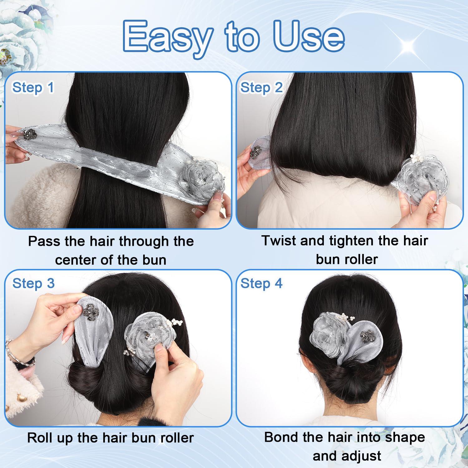 lasuroa 2pcs Ball Hair Clips, Flower Hair Bun Roller French Twist Hair Bun Maker Elegant Lazy Hair Curler Deft Bun Hairstyle Tool Hair Bun Accessories for Women & Girls Long Hair (Grey+Black)