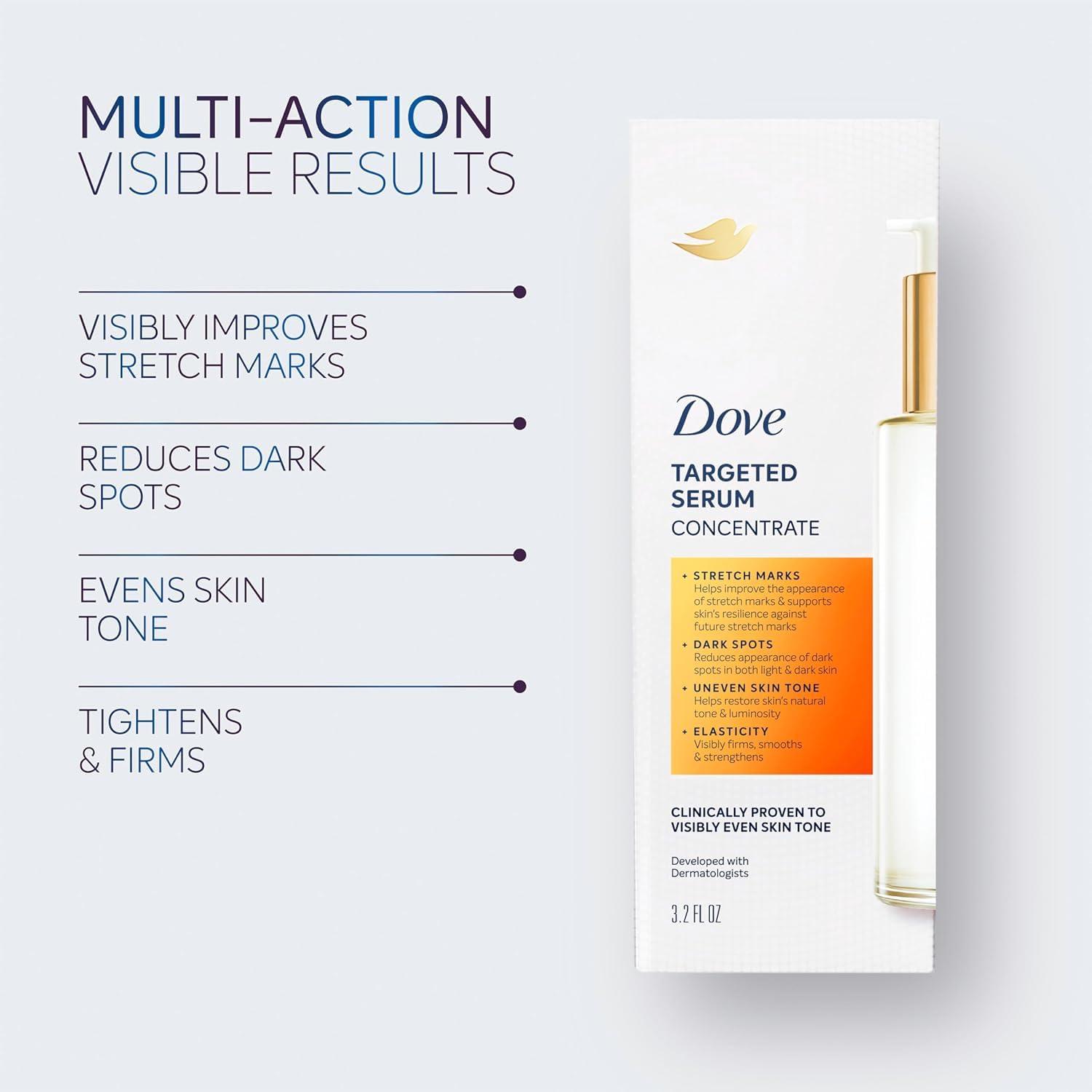 Dove Dove Targeted Serum Multipurpose for Stretch Marks, Dark Spots, Uneven Skin Tone and Elasticity,with Tone Balance Complex, Niacinamide, Collagen Peptides and Natural Moisturizing Factors, 3.2 oz