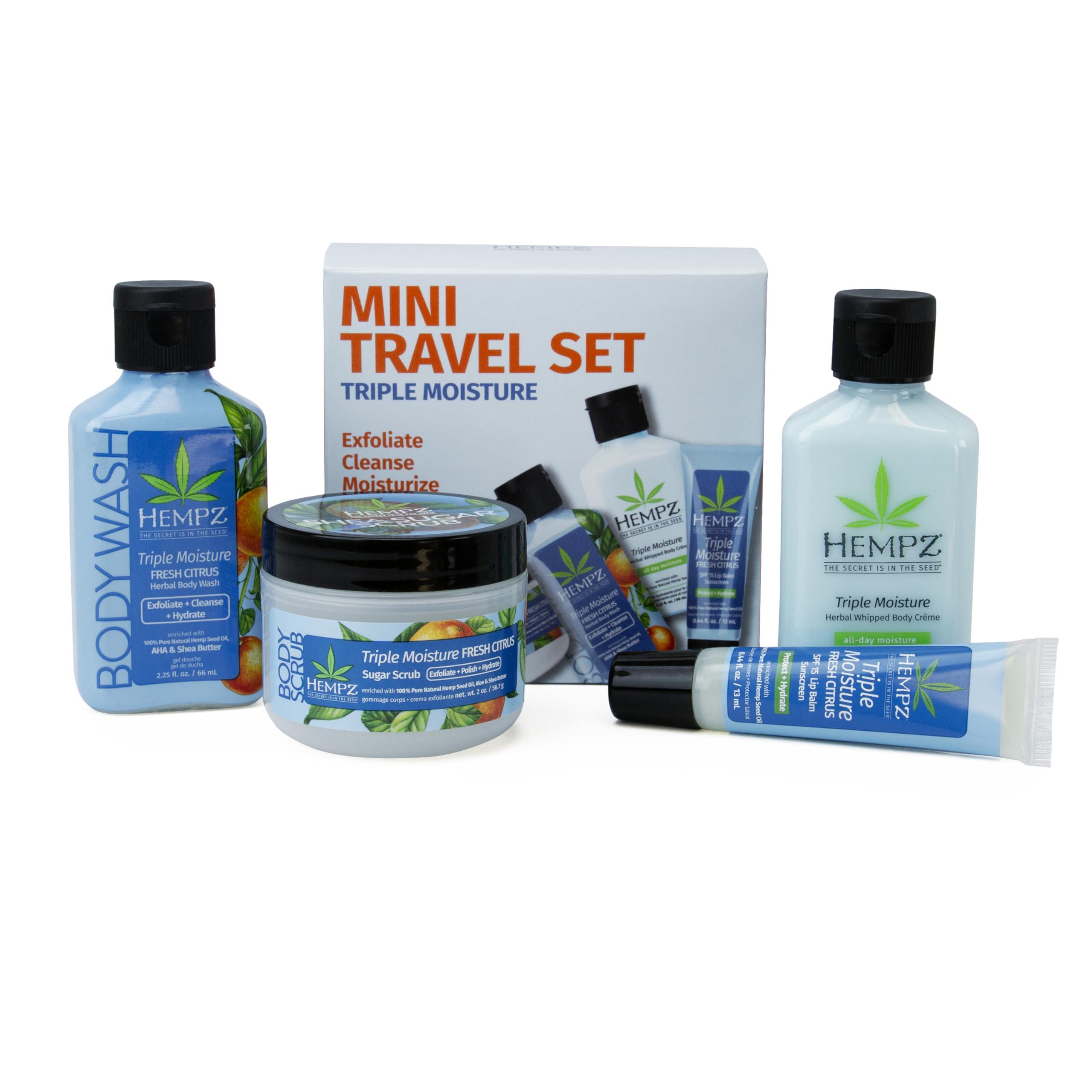 Hempz Hempz Mini Sweet Treats, Travel Kit, Mini Body Wash, Body Lotion, Body Scrub and Lip Balm, Triple Moisture Scent, 4 Piece Gift Set