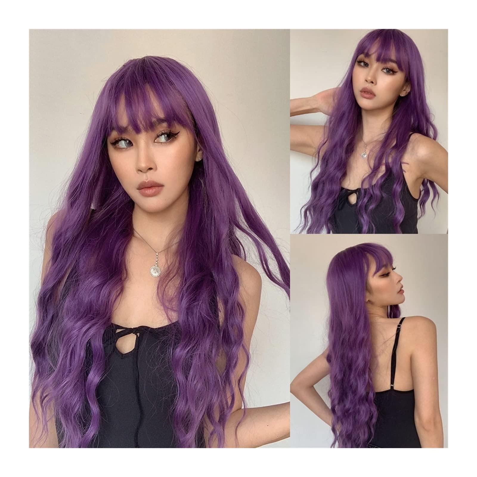 mengli-99 mengli-99 Wigs for Women Dark Purple Synthetic Wig with Bangs for Women, Super Long Body Wavey Hair Wigs Soft Breathable Heat Resistent Fiber Wigs for Daily Cosplay Party Wig for Daily Party Use