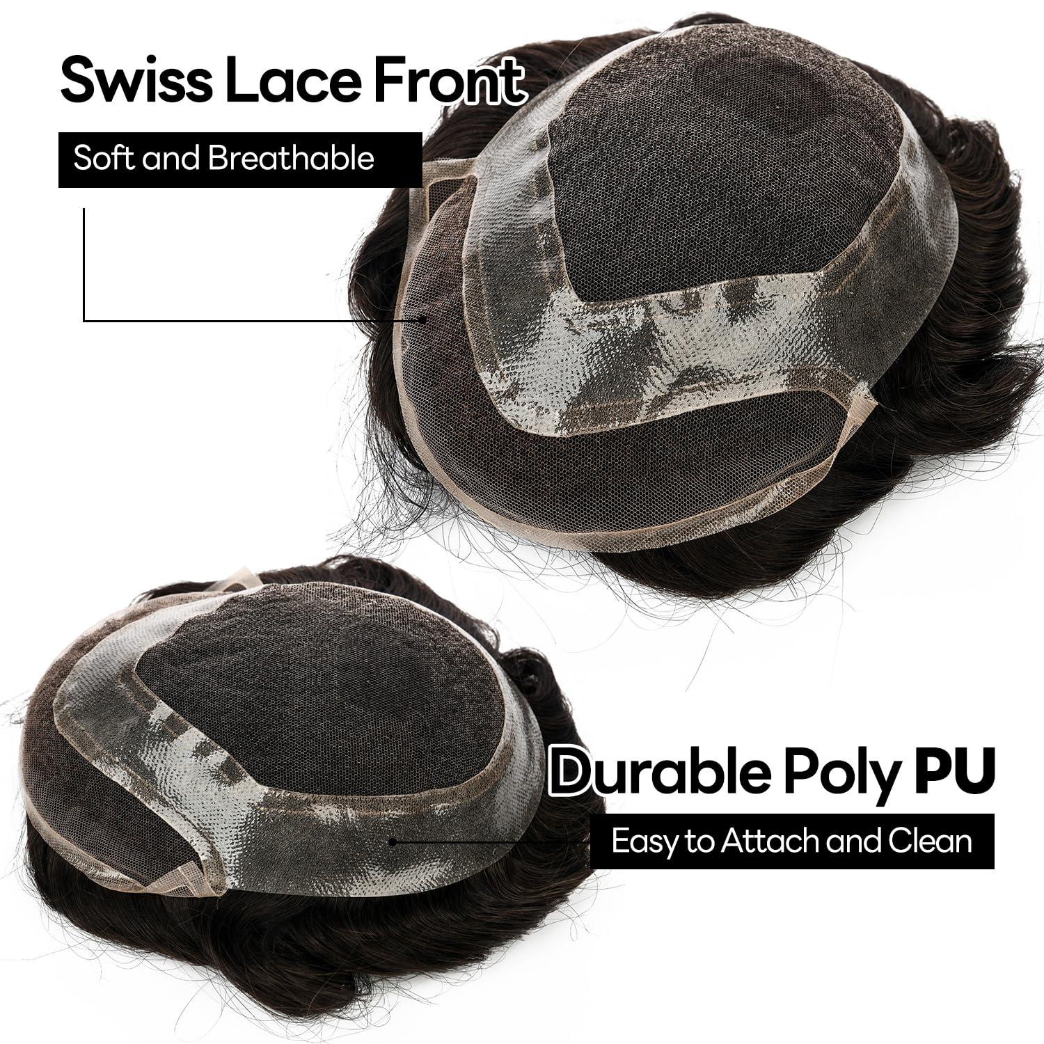 Blayzehair Toupee For Men Hair Replacement System Swiss lace Men Toupee European Human Hair HD Lace Hair System Poly Skin PU Around Men Hair Piece. (2# Darkest Brown, 6x8\"-100% Light Med-Light Density)